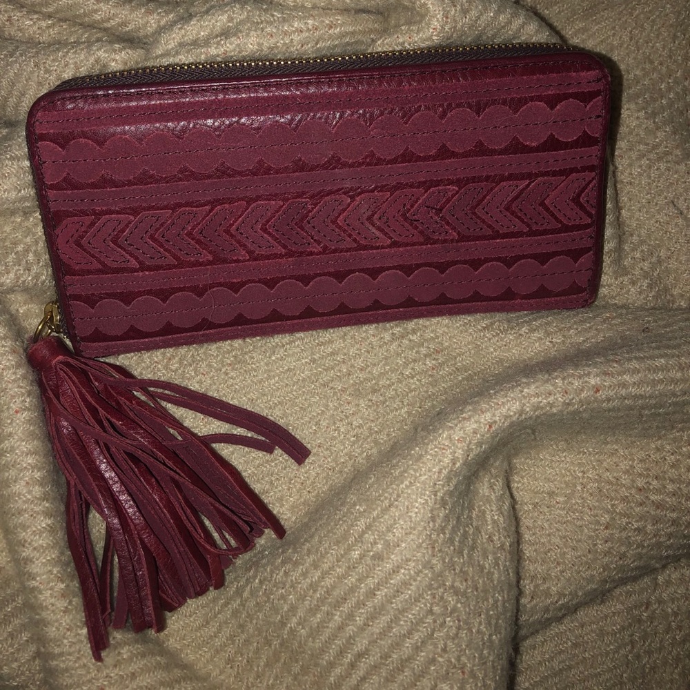 Fossil Zip Around Burgundy Wallet- Tassel Zipper